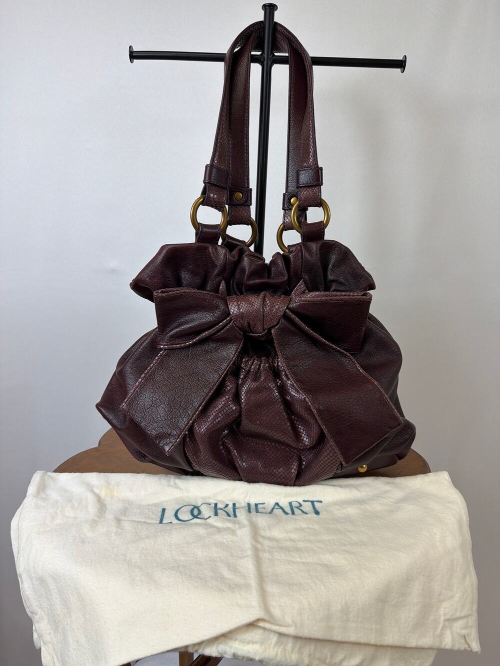 Lockheart Maroon Leather Boho Big Bow Multi Pocket Handbag